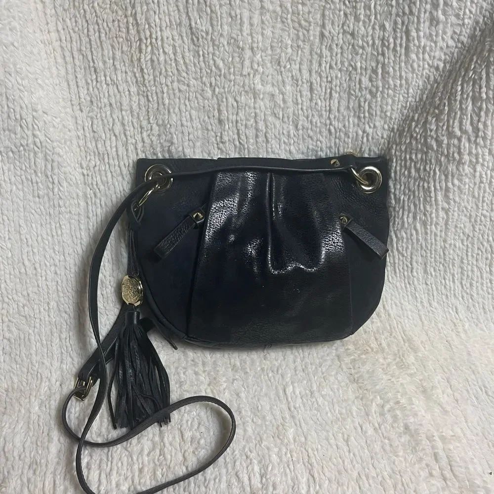 vince camuto leather black small crossbody Bag Gold Tone Hardwares tassel accent